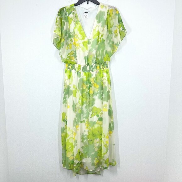 DKNY Women's Size 12 Green Yellow Floral Sheer Overlay V Neck Midi Dress Wedding - Picture 1 of 11